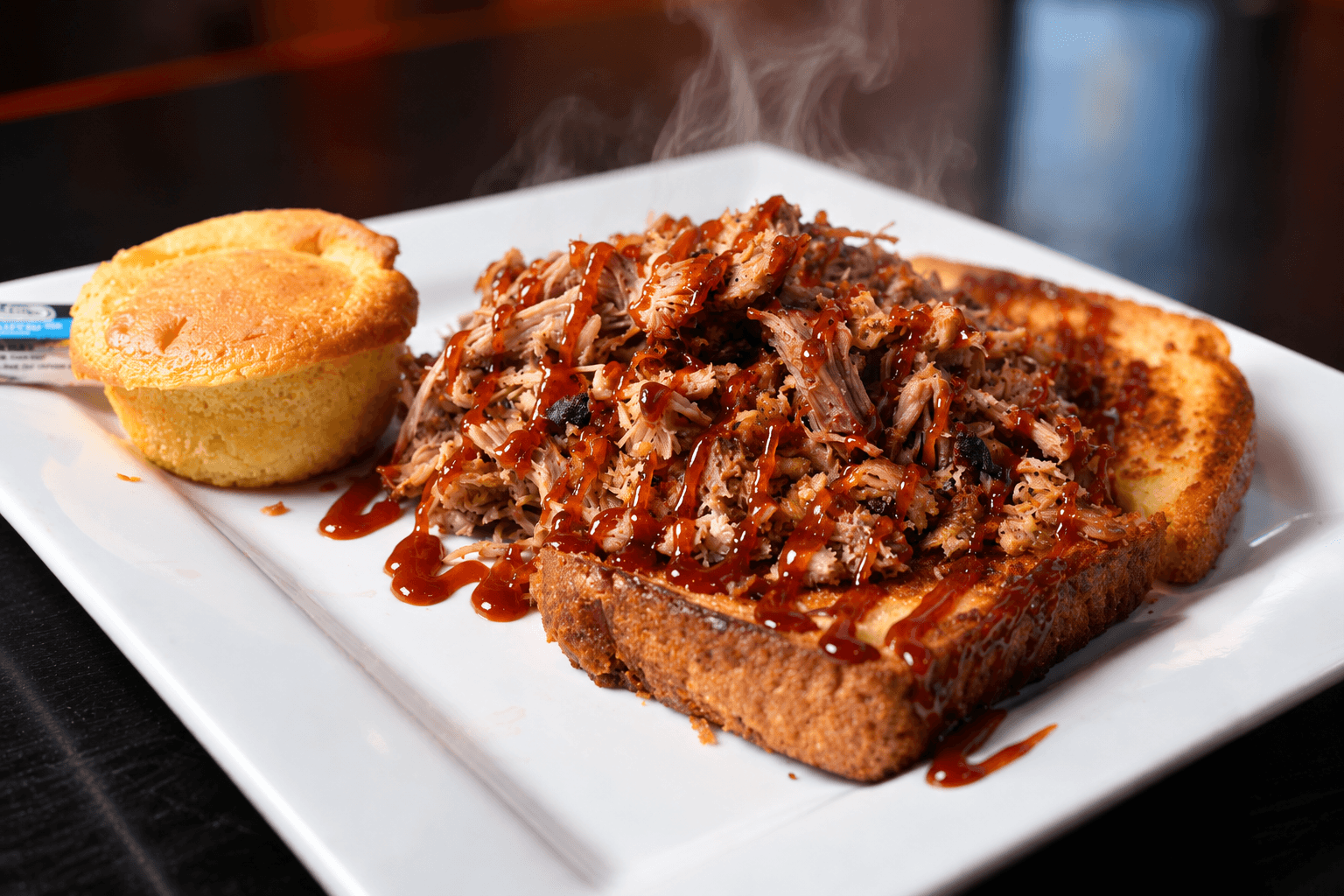 Pulled pork dinner with Texas toast and cornbread