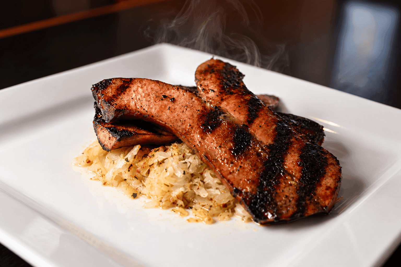 Smoked sausage over red-skinned mashed potatoes